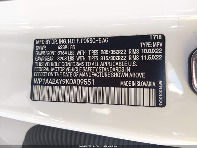 Aukcja sprzedaży 2019 Porsche Cayenne, vin: WP1AA2AY9KDA09551, numer aukcji: 45073724