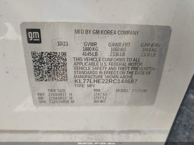 Aukcja sprzedaży 2024 Chevrolet Trax Fwd Lt, vin: KL77LHE22RC144687, numer aukcji: 45073740