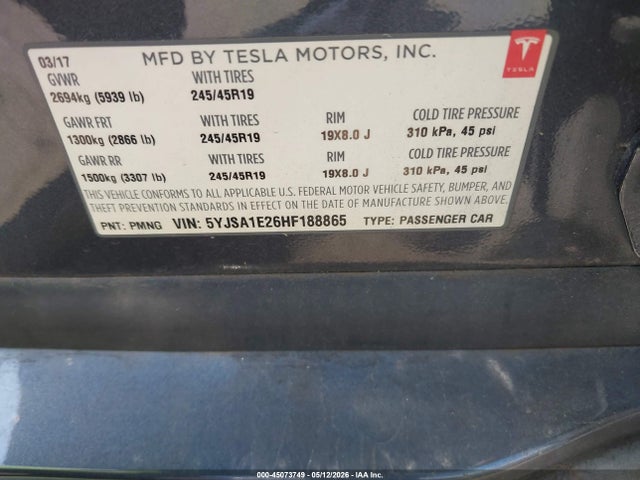 Продажа на аукционе авто 2017 Tesla Model S 100d/60d/75d/90d/p100d, vin: 5YJSA1E26HF188865, номер лота: 45073749
