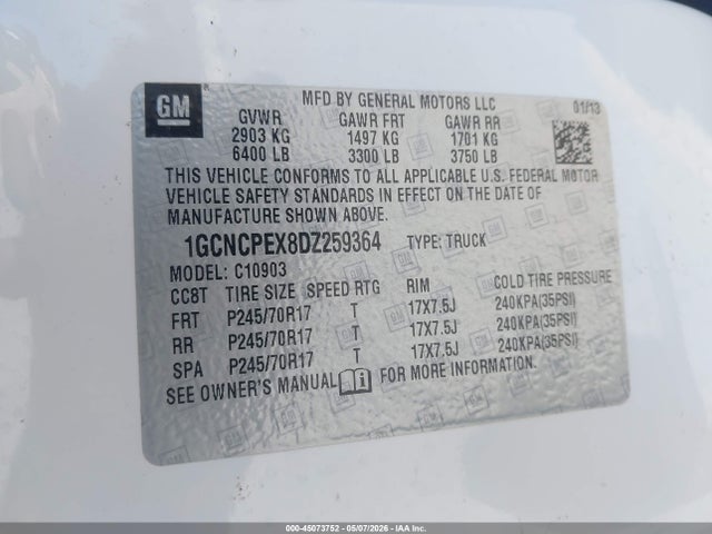Auction sale of the 2013 Chevrolet Silverado 1500 Work Truck, vin: 1GCNCPEX8DZ259364, lot number: 45073752