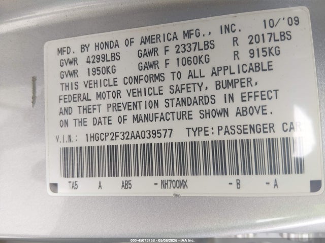 Aukcja sprzedaży 2010 Honda Accord 2.4 Lx, vin: 1HGCP2F32AA039577, numer aukcji: 45073758