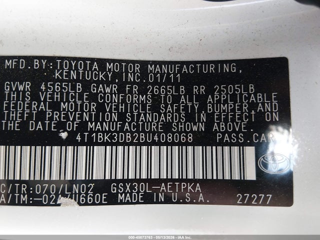 45073763 :رقم المزاد ، 4T1BK3DB2BU408068 vin ، 2011 Toyota Avalon Limited مزاد بيع