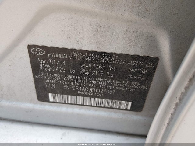 Aukcja sprzedaży 2014 Hyundai Sonata Gls, vin: 5NPEB4AC9EH924057, numer aukcji: 45073778