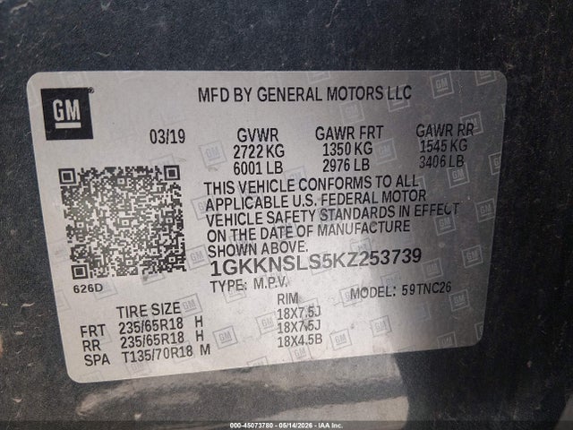 2019 Gmc Acadia Sle-2 მანქანა იყიდება აუქციონზე, vin: 1GKKNSLS5KZ253739, აუქციონის ნომერი: 45073780