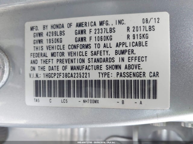 2012 Honda Accord 2.4 Lx მანქანა იყიდება აუქციონზე, vin: 1HGCP2F38CA235221, აუქციონის ნომერი: 45073786