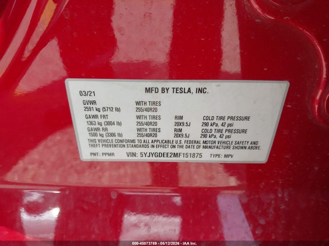 Aukcja sprzedaży 2021 Tesla Model Y Long Range Dual Motor All-wheel Drive, vin: 5YJYGDEE2MF151875, numer aukcji: 45073789