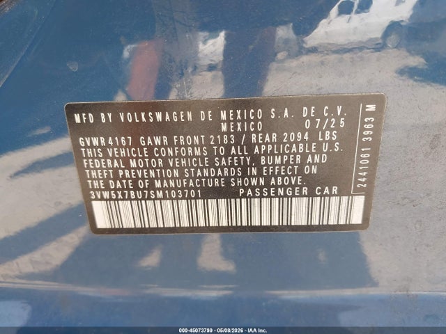 45073799 :رقم المزاد ، 3VW5X7BU7SM103701 vin ، 2025 Volkswagen Jetta 1.5t S مزاد بيع