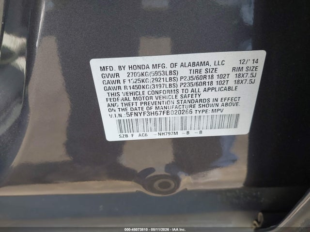 Honda Pilot Ex-l 2015 5FNYF3H67FB020266 Image 9