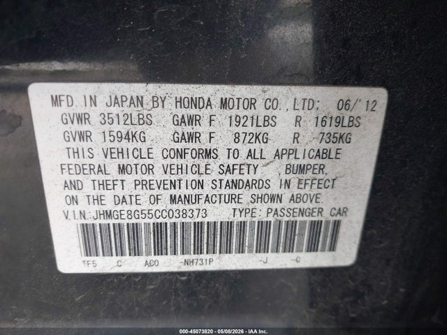 Продаж на аукціоні авто 2012 Honda Fit Sport, vin: JHMGE8G55CC038373, номер лоту: 45073820