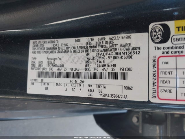 2011 Ford Fiesta Sel მანქანა იყიდება აუქციონზე, vin: 3FADP4CJ6BM156512, აუქციონის ნომერი: 45073836
