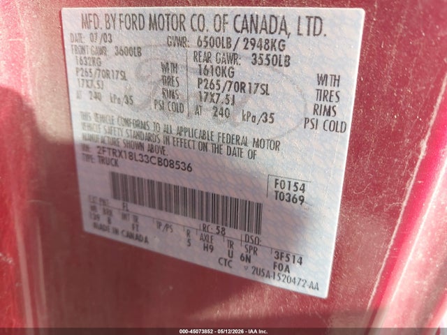 45073852 :رقم المزاد ، 2FTRX18L33CB08536 vin ، 2003 Ford F-150 Lariat/xl/xlt مزاد بيع