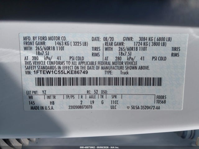 Продажа на аукционе авто 2020 Ford F-150 Lariat, vin: 1FTEW1C55LKE86749, номер лота: 45073862