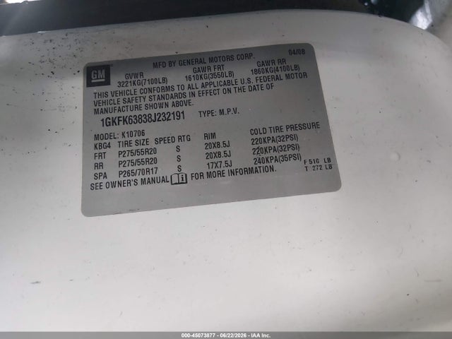 Продажа на аукционе авто 2008 Gmc Yukon Denali, vin: 1GKFK63838J232191, номер лота: 45073877