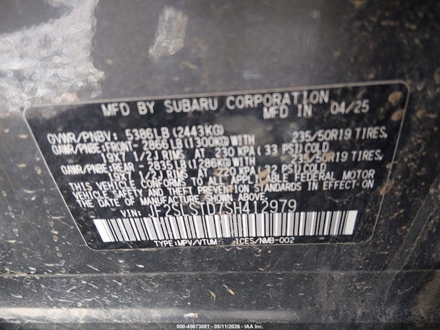 Продажа на аукционе авто 2025 Subaru Forester Touring Hybrid, vin: JF2SLSTD7SH412979, номер лота: 45073881
