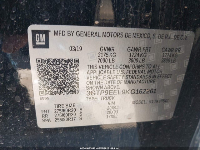 2019 Gmc Sierra 1500 At4 მანქანა იყიდება აუქციონზე, vin: 3GTP9EEL9KG162261, აუქციონის ნომერი: 45073892