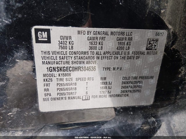 2017 Chevrolet Suburban Ls მანქანა იყიდება აუქციონზე, vin: 1GNSKGEC0HR304636, აუქციონის ნომერი: 45073895
