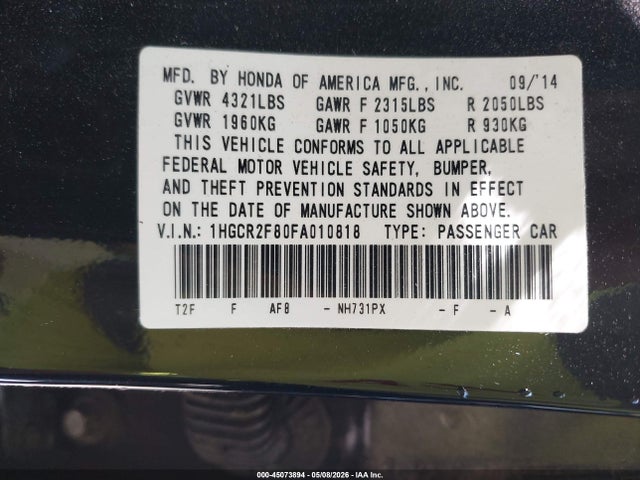 2015 Honda Accord Ex-l მანქანა იყიდება აუქციონზე, vin: 1HGCR2F80FA010818, აუქციონის ნომერი: 45073894