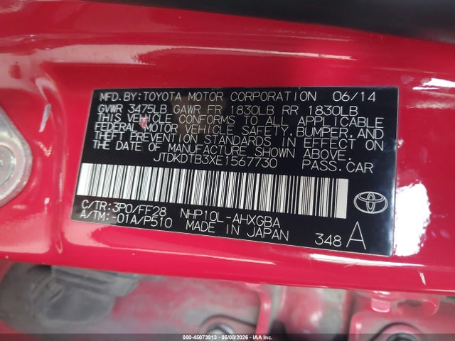 JTDKDTB3XE1567730 Toyota Prius C Three
