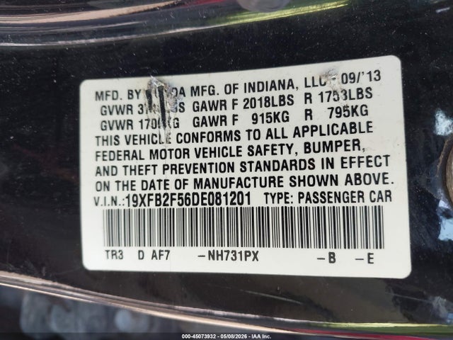 2013 Honda Civic Lx მანქანა იყიდება აუქციონზე, vin: 19XFB2F56DE081201, აუქციონის ნომერი: 45073932