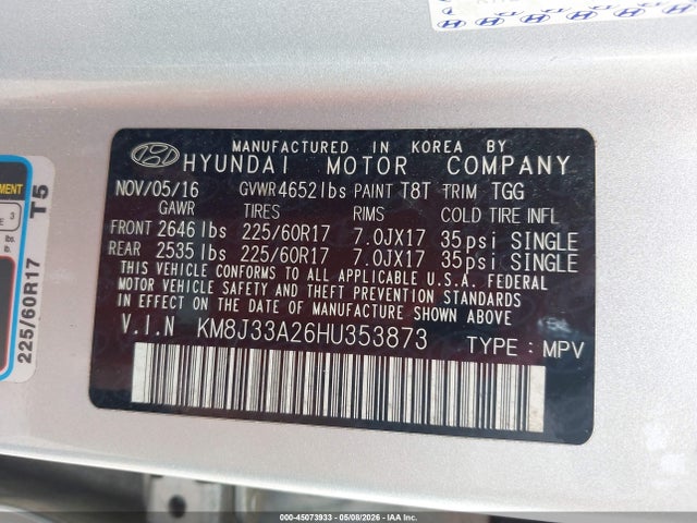 Aukcja sprzedaży 2017 Hyundai Tucson Eco, vin: KM8J33A26HU353873, numer aukcji: 45073933