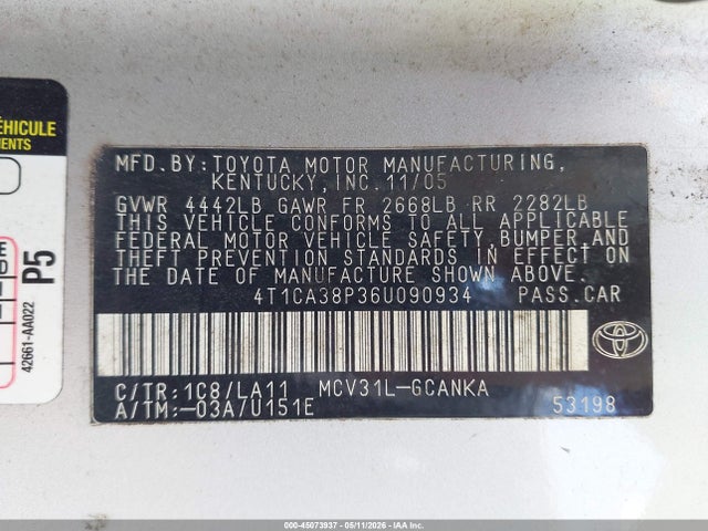 2006 Toyota Camry Solara Se Sport V6 მანქანა იყიდება აუქციონზე, vin: 4T1CA38P36U090934, აუქციონის ნომერი: 45073937