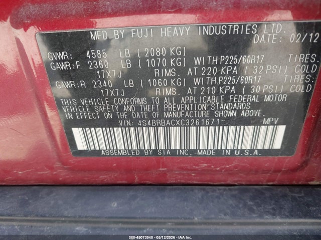 Aukcja sprzedaży 2012 Subaru Outback 2.5i, vin: 4S4BRBACXC3261671, numer aukcji: 45073940