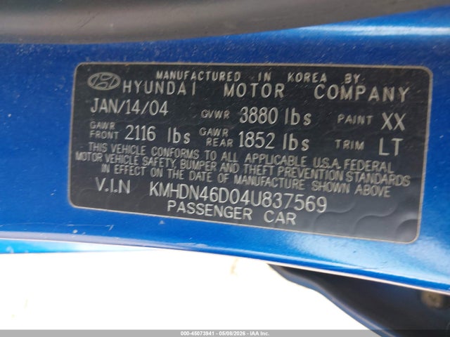 Aukcja sprzedaży 2004 Hyundai Elantra Gls/gt, vin: KMHDN46D04U837569, numer aukcji: 45073941