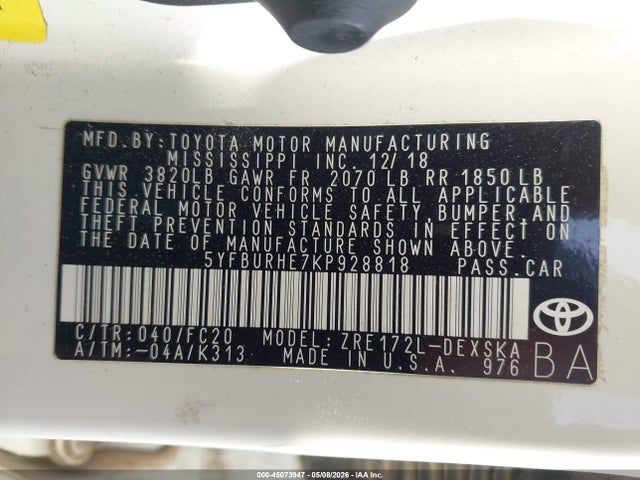 Aukcja sprzedaży 2019 Toyota Corolla Se, vin: 5YFBURHE7KP928818, numer aukcji: 45073947