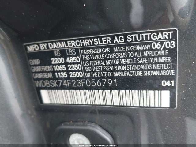 45073960 :رقم المزاد ، WDBSK74F23F056791 vin ، 2003 Mercedes-benz Sl 55 Amg مزاد بيع