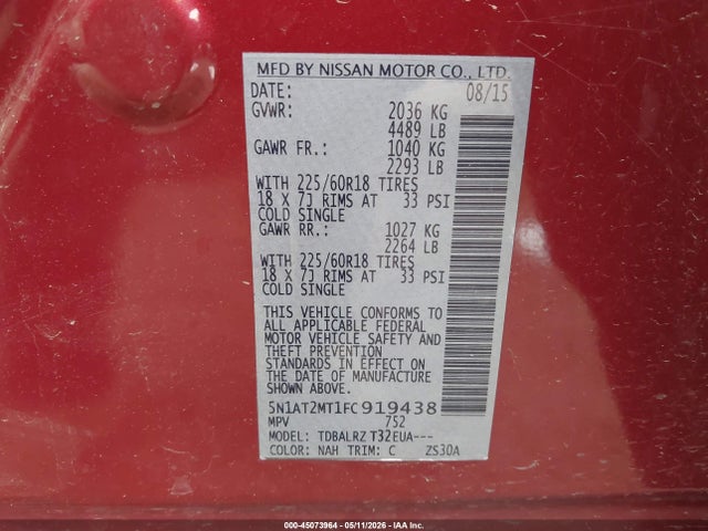 2015 Nissan Rogue Sl მანქანა იყიდება აუქციონზე, vin: 5N1AT2MT1FC919438, აუქციონის ნომერი: 45073964