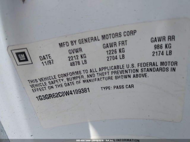 1998 Oldsmobile Aurora მანქანა იყიდება აუქციონზე, vin: 1G3GR62C0W4109381, აუქციონის ნომერი: 45073966