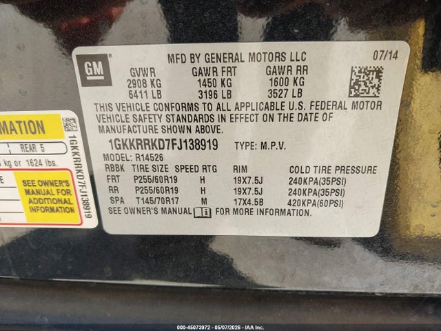 Aukcja sprzedaży 2015 Gmc Acadia Slt-1, vin: 1GKKRRKD7FJ138919, numer aukcji: 45073972