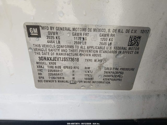 Продаж на аукціоні авто 2018 Chevrolet Equinox Lt, vin: 3GNAXJEV7JS573618, номер лоту: 45073974