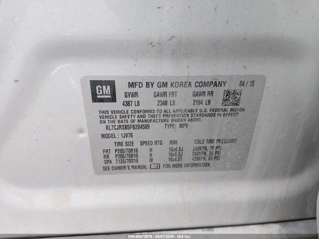 Продажа на аукционе авто 2015 Chevrolet Trax Lt, vin: KL7CJRSB5FB204509, номер лота: 45073976