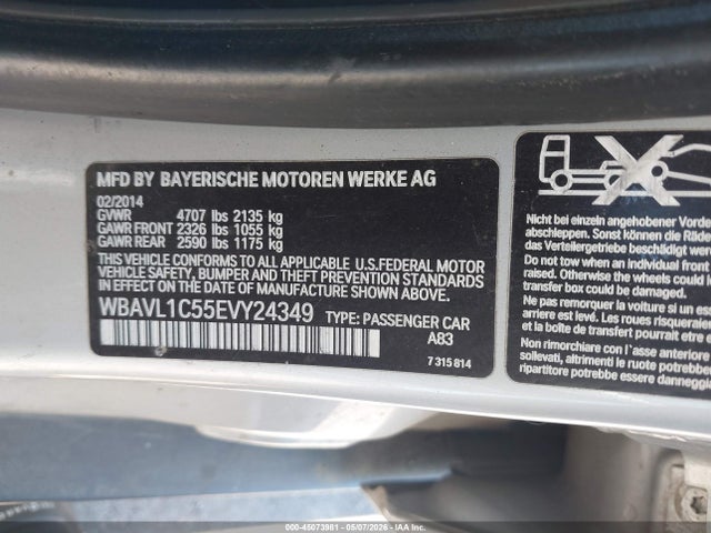 2014 Bmw X1 Xdrive28i მანქანა იყიდება აუქციონზე, vin: WBAVL1C55EVY24349, აუქციონის ნომერი: 45073981