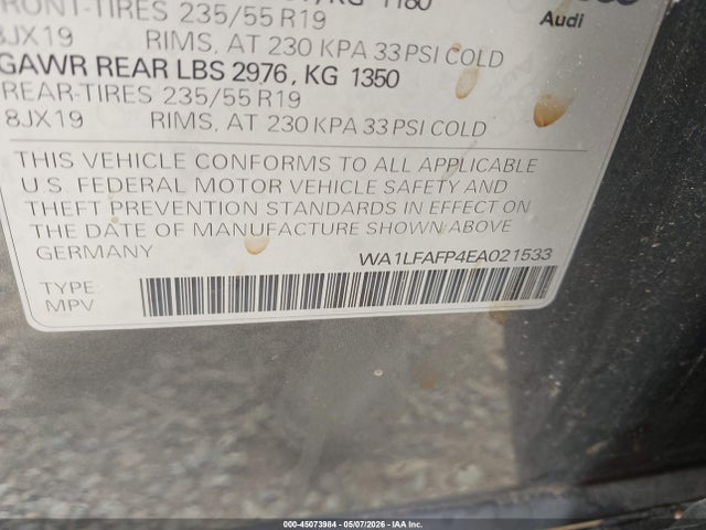 Продаж на аукціоні авто 2014 Audi Q5 2.0t Premium, vin: WA1LFAFP4EA021533, номер лоту: 45073984