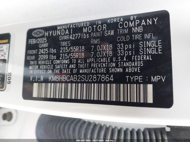 Aukcja sprzedaży 2025 Hyundai Kona Sel, vin: KM8HBCAB2SU287864, numer aukcji: 45073989