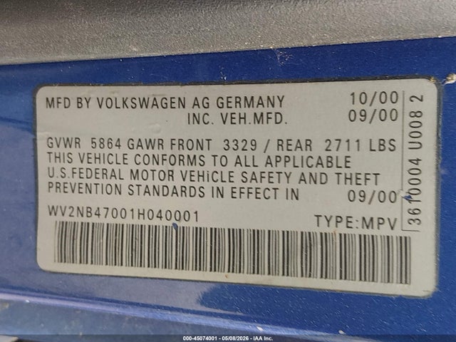 Продаж на аукціоні авто 2001 Volkswagen Eurovan Mv, vin: WV2NB47001H040001, номер лоту: 45074001