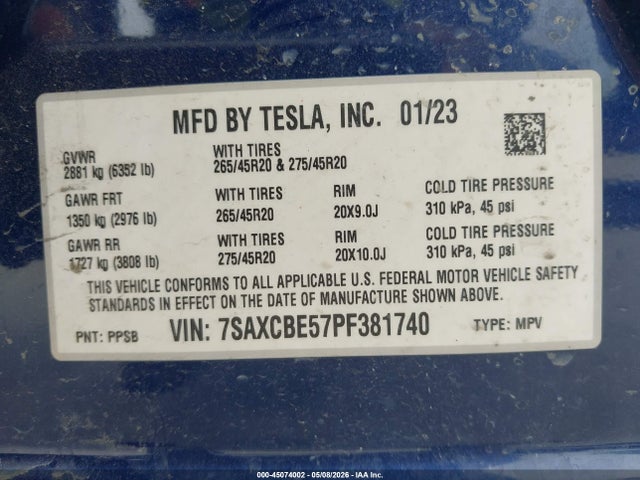 45074002 :رقم المزاد ، 7SAXCBE57PF381740 vin ، 2023 Tesla Model X Dual Motor All-wheel Drive/standard Range مزاد بيع