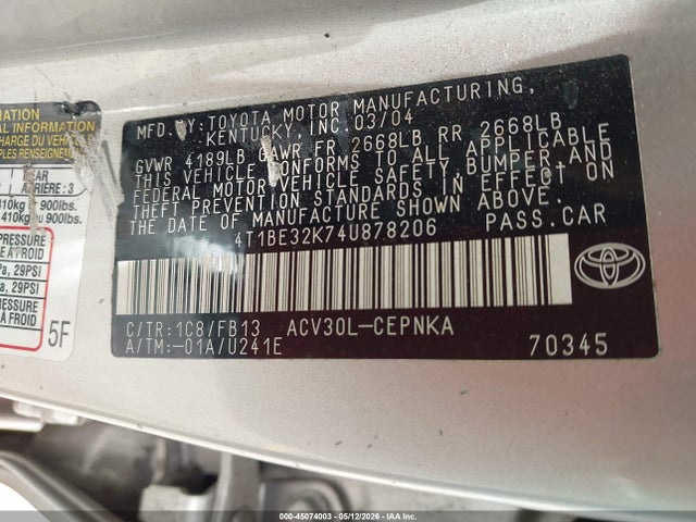Продажа на аукционе авто 2004 Toyota Camry Le, vin: 4T1BE32K74U878206, номер лота: 45074003
