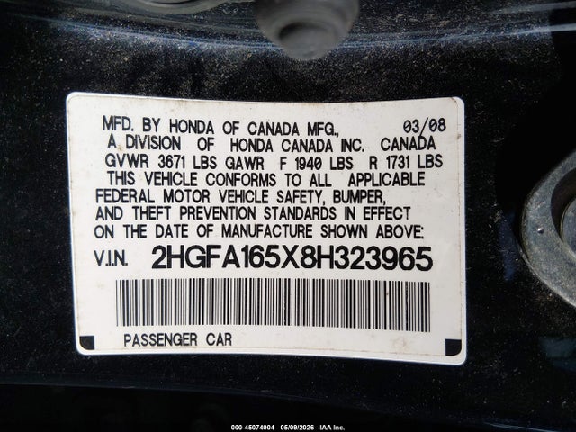 2008 Honda Civic Lx მანქანა იყიდება აუქციონზე, vin: 2HGFA165X8H323965, აუქციონის ნომერი: 45074004