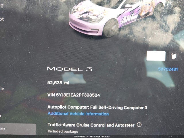 Auction sale of the 2023 Tesla Model 3 Rear-wheel Drive, vin: 5YJ3E1EA2PF398524, lot number: 45074015