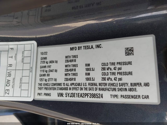 Auction sale of the 2023 Tesla Model 3 Rear-wheel Drive, vin: 5YJ3E1EA2PF398524, lot number: 45074015