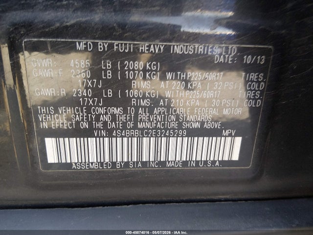 45074016 :رقم المزاد ، 4S4BRBLC2E3245299 vin ، 2014 Subaru Outback 2.5i Limited مزاد بيع