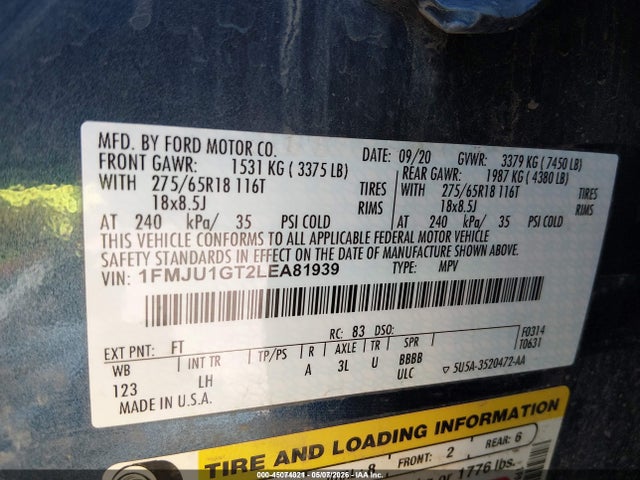 Продажа на аукционе авто 2020 Ford Expedition Xl, vin: 1FMJU1GT2LEA81939, номер лота: 45074021
