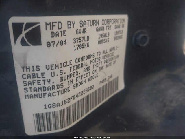 Продажа на аукционе авто 2004 Saturn Ion 2, vin: 1G8AJ52F84Z228582, номер лота: 45074031