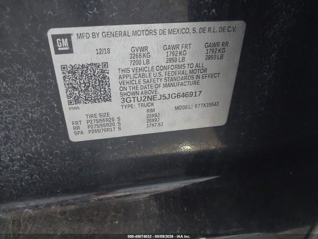 45074032 :رقم المزاد ، 3GTU2NEJ5JG646917 vin ، 2018 Gmc Sierra 1500 Slt مزاد بيع