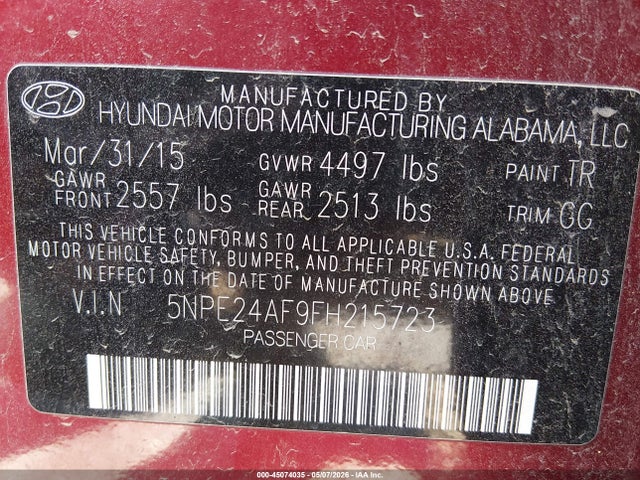 Aukcja sprzedaży 2015 Hyundai Sonata Se, vin: 5NPE24AF9FH215723, numer aukcji: 45074035