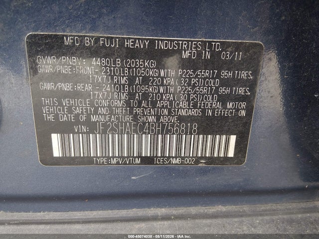 Продаж на аукціоні авто 2011 Subaru Forester 2.5x Limited, vin: JF2SHAEC4BH756818, номер лоту: 45074038