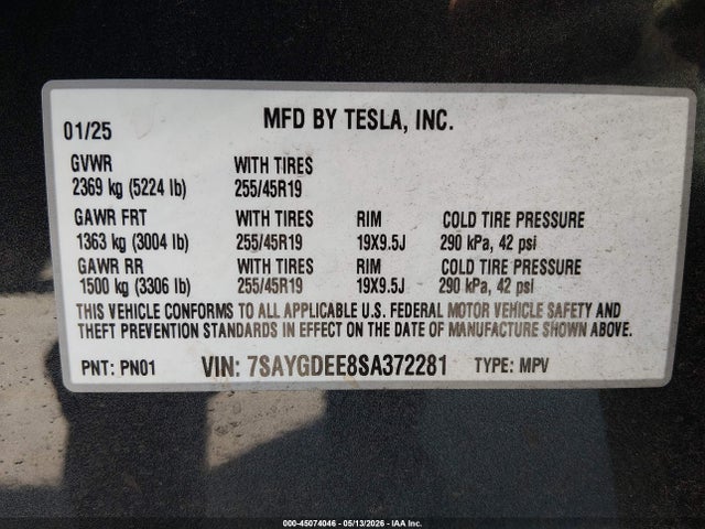 Aukcja sprzedaży 2025 Tesla Model Y Long Range Dual Motor All-wheel Drive, vin: 7SAYGDEE8SA372281, numer aukcji: 45074046